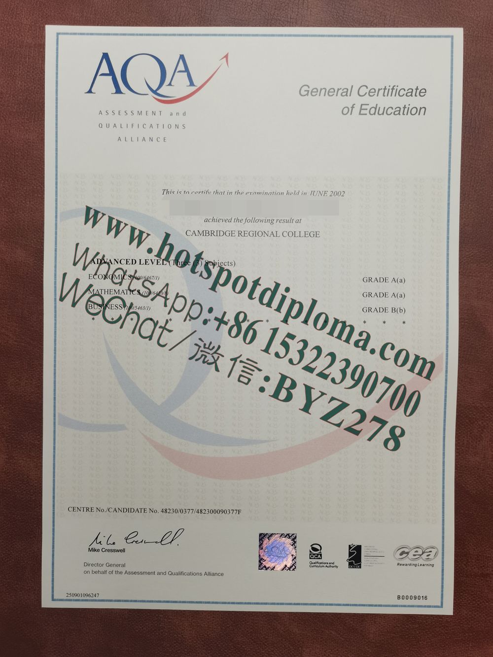 Buy Fake AQA UK Qualification Assessment Certification GCSE Certificate