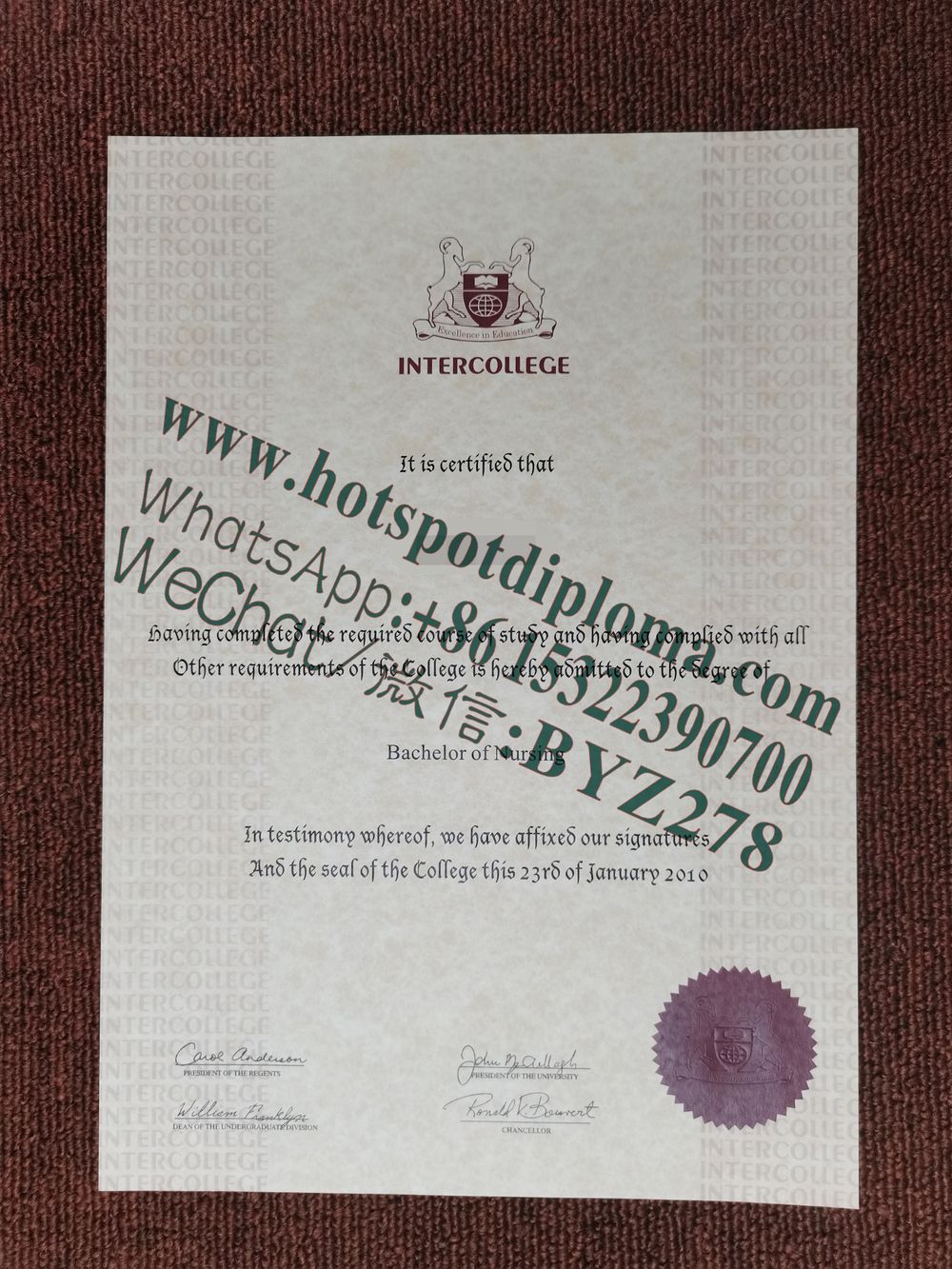Buy fake INTERCOLLEGE International University Diploma
