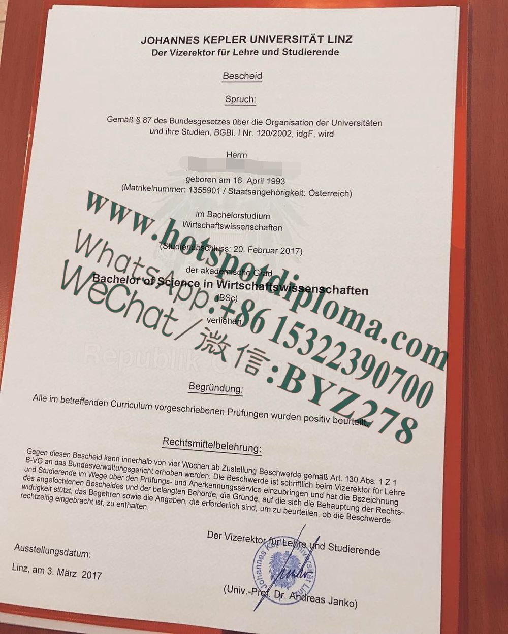 Buy fake Johannes Kepler University Linz Diploma