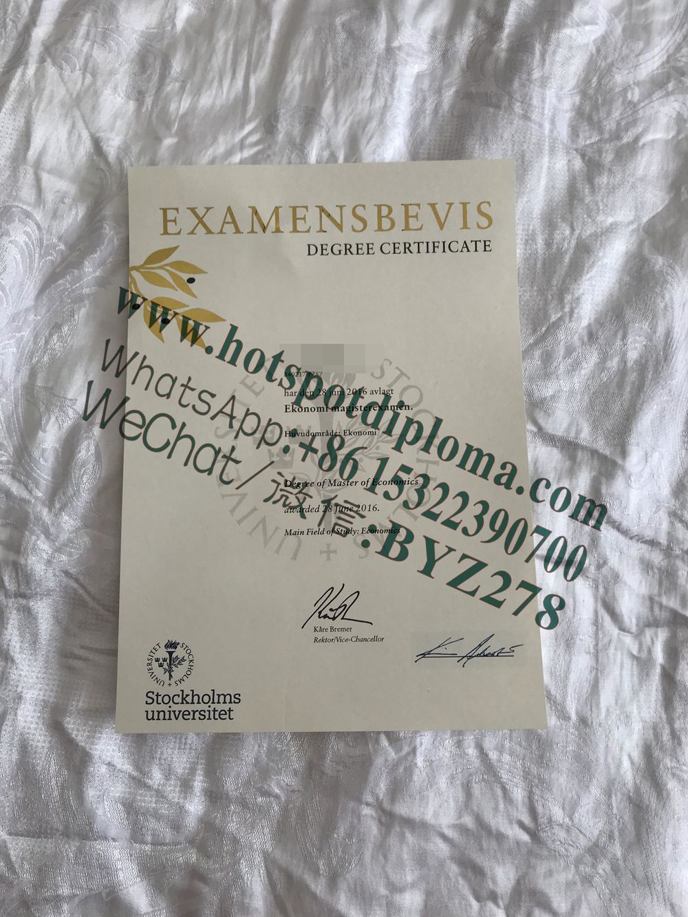 Buy fake Stockholm University Diploma sample