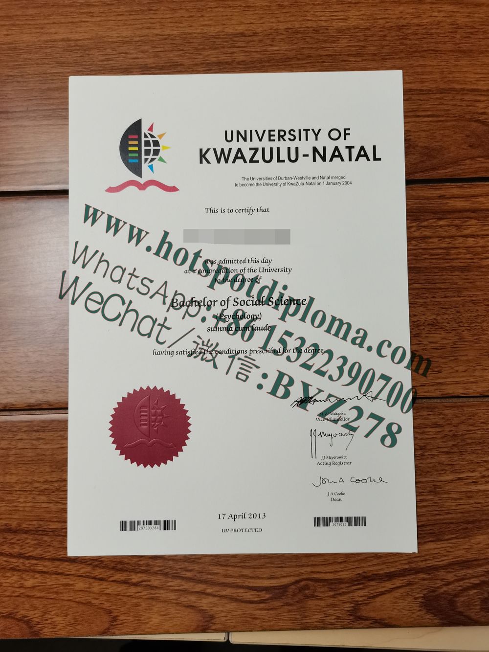 Buy fake University of Kwazulu Natal in South Africa Diploma
