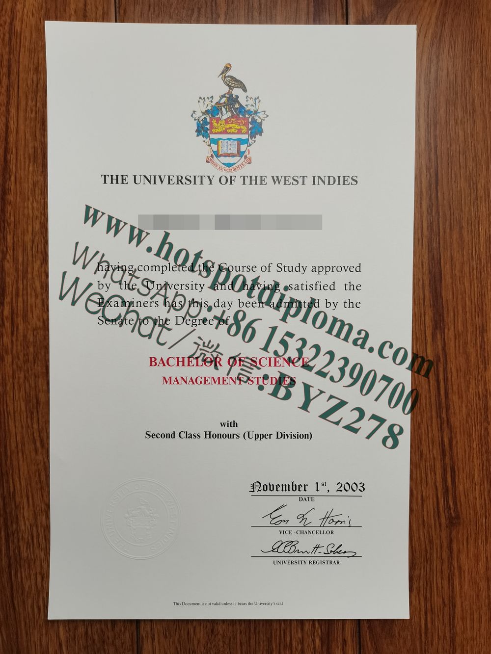 Buy fake University of the West Indies Diploma sample