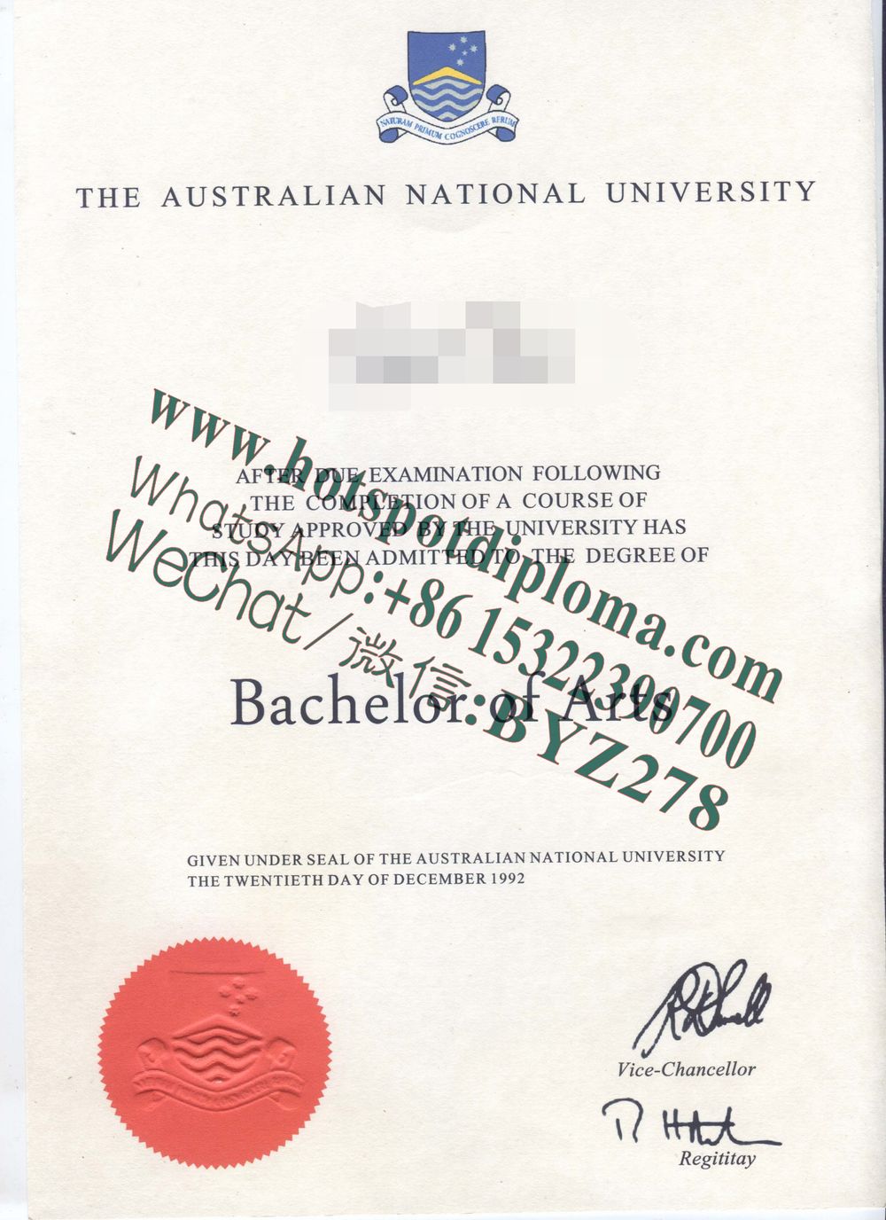 Fake Australian National University Diploma
