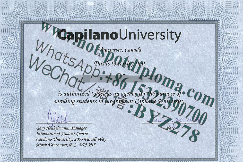 Fake Capilano University Diploma sample certificate