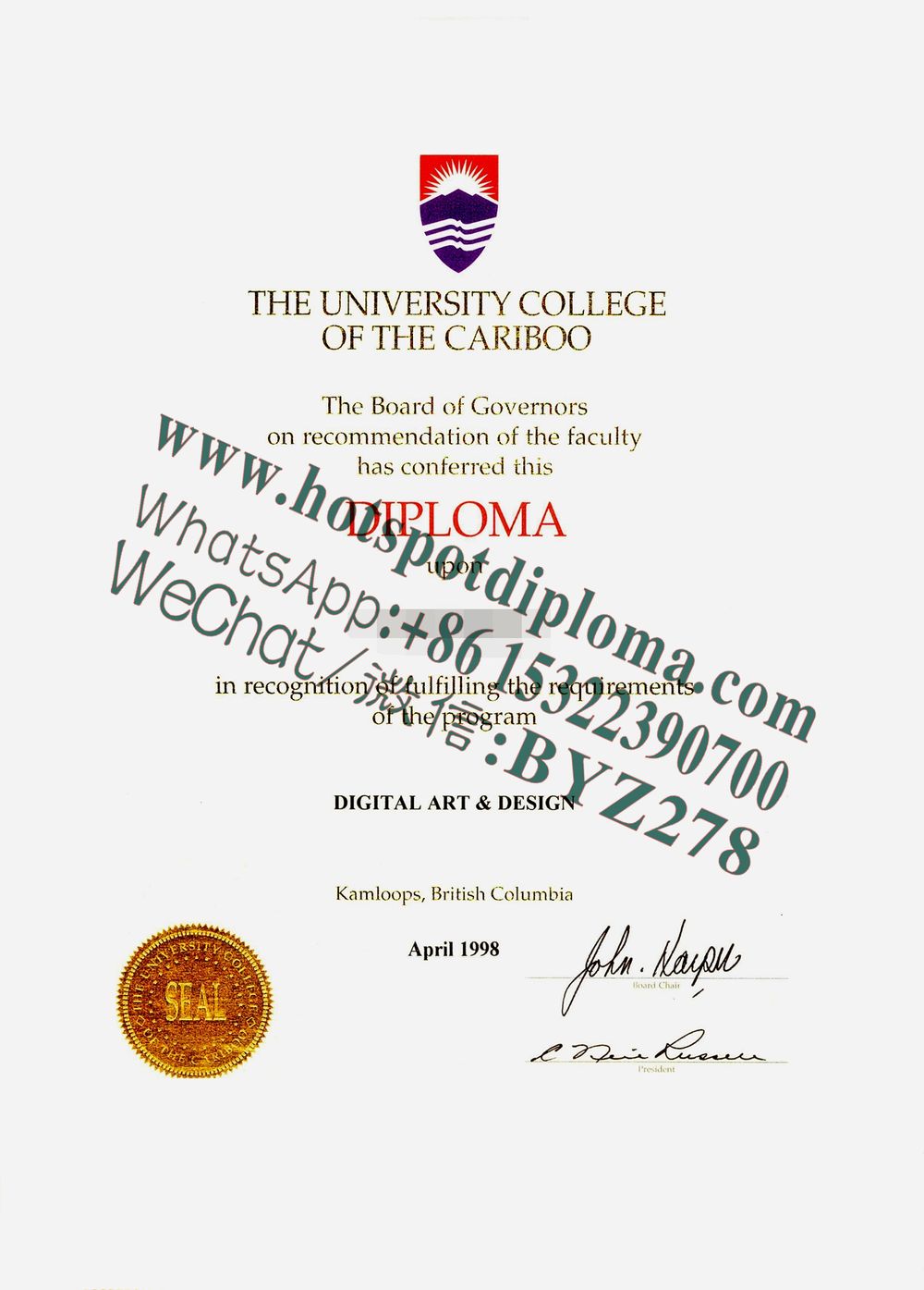 Fake Cariboo University Diploma certificate