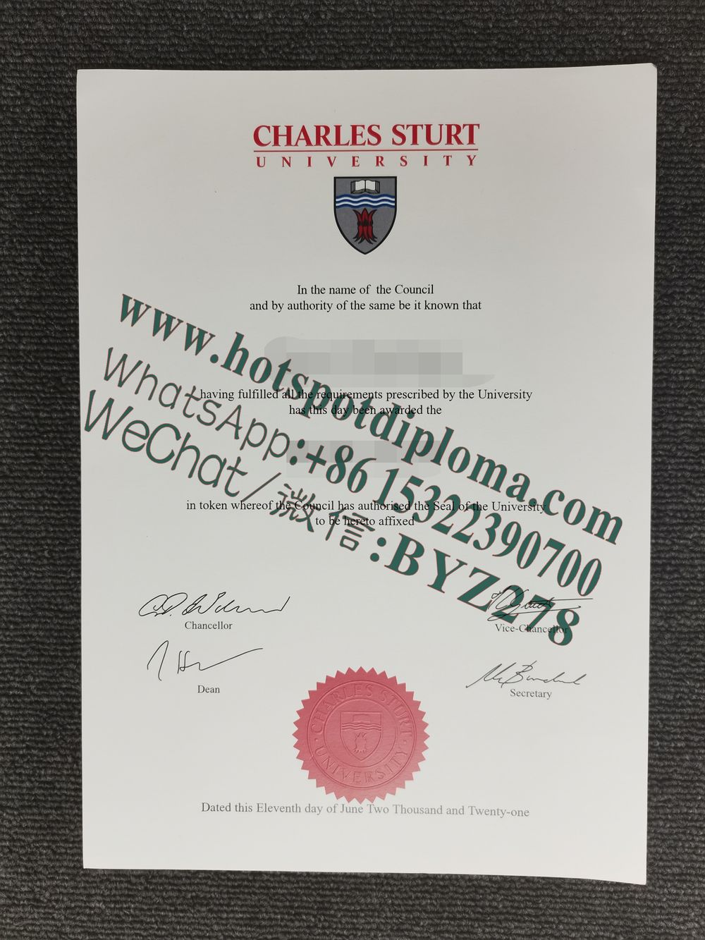 Fake Charles Sturt University Diploma