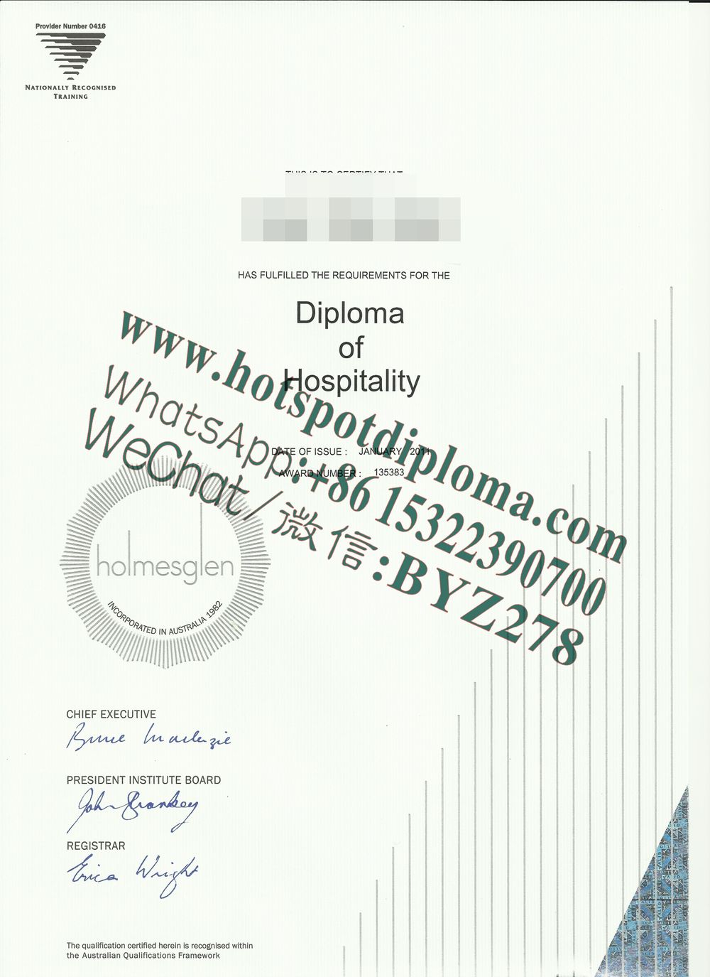 Fake Diploma from Holmesglen University of Technology