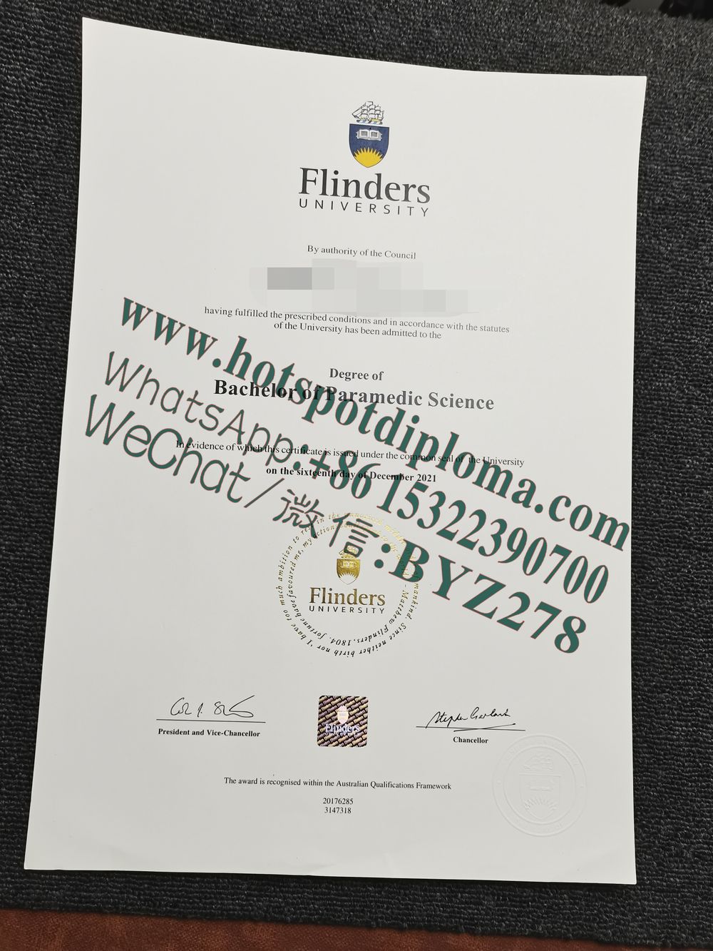 Fake Flinders University Diploma
