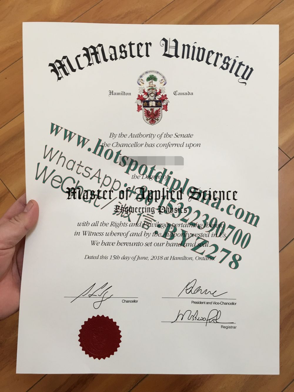 Fake McMaster University Diploma certificate