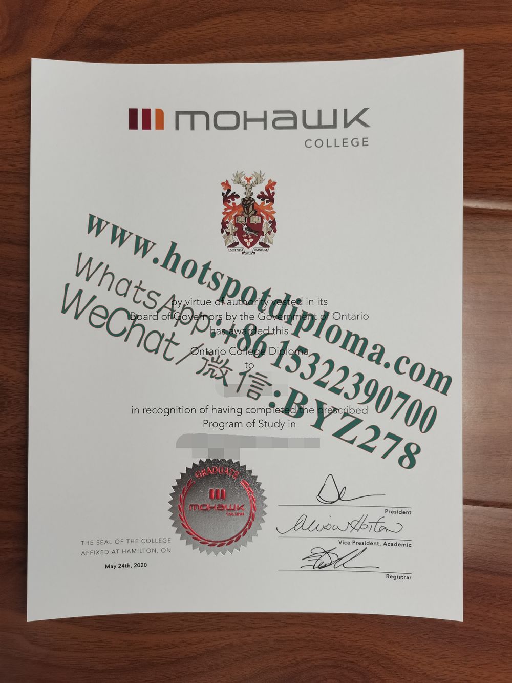 Fake Mohawk College Diploma certificate