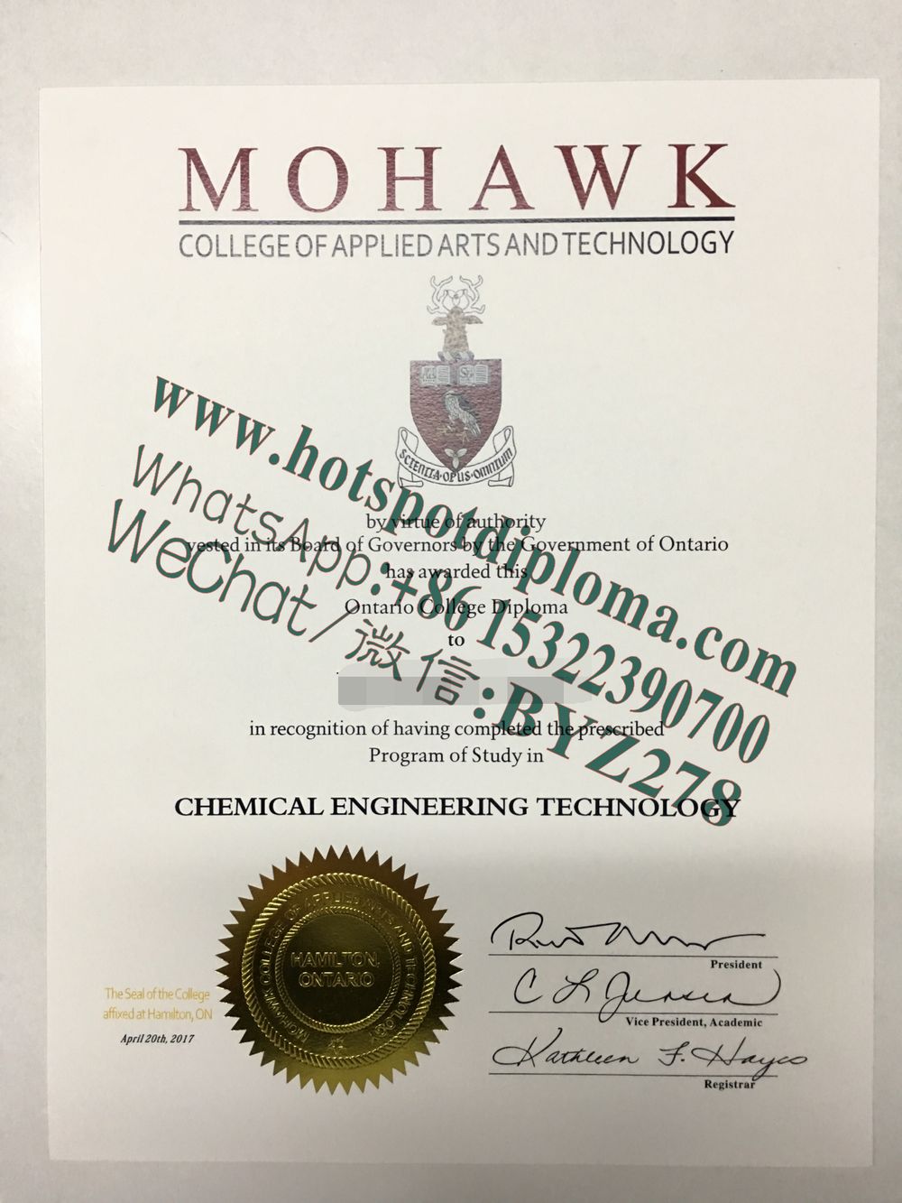 Fake Mohawk College Diploma sample certificate