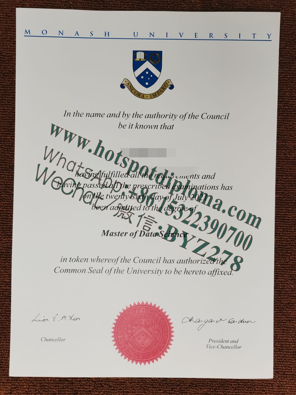 Fake Monash University Diploma