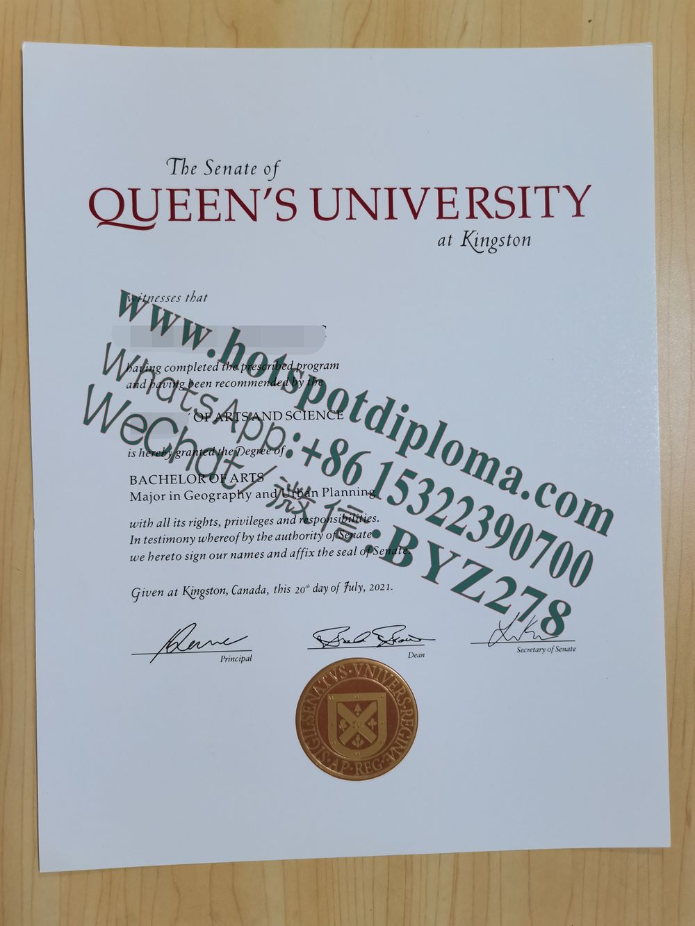 's University Diploma certificate