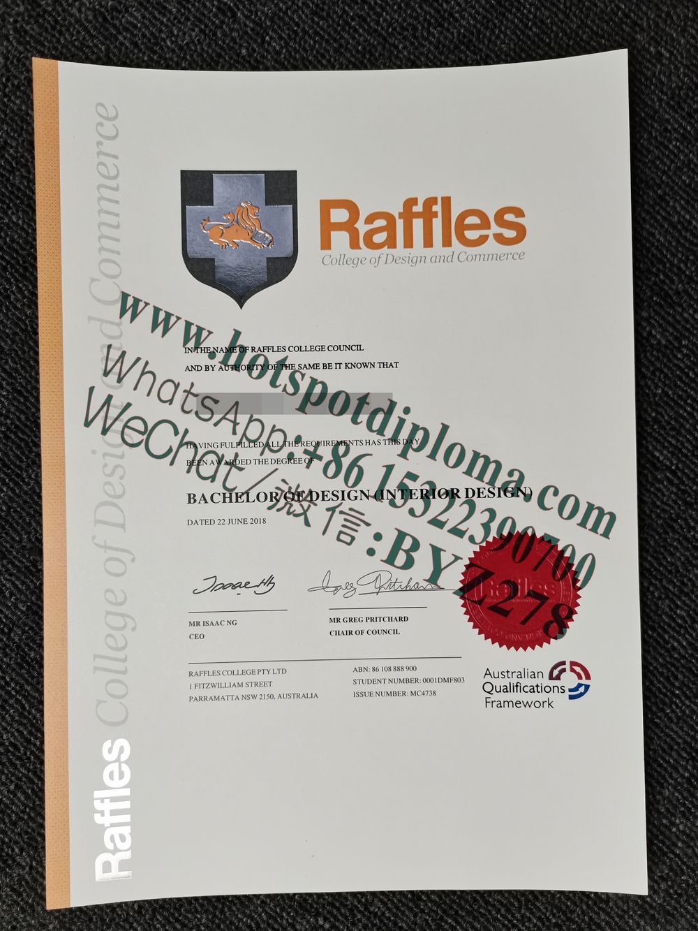 Fake Raffles Institute of Design and Business Diploma transcript