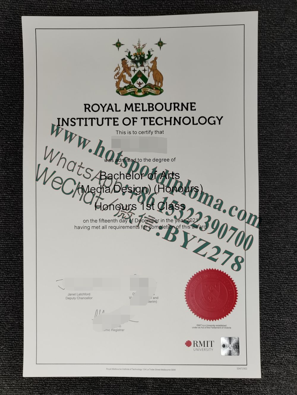 Fake Royal Melbourne Institute of Technology Diploma
