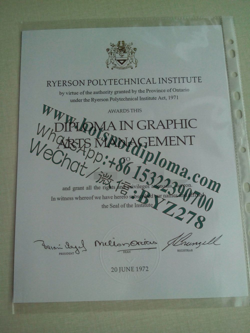 Fake Ryerson Institute of Technology Diploma certificate