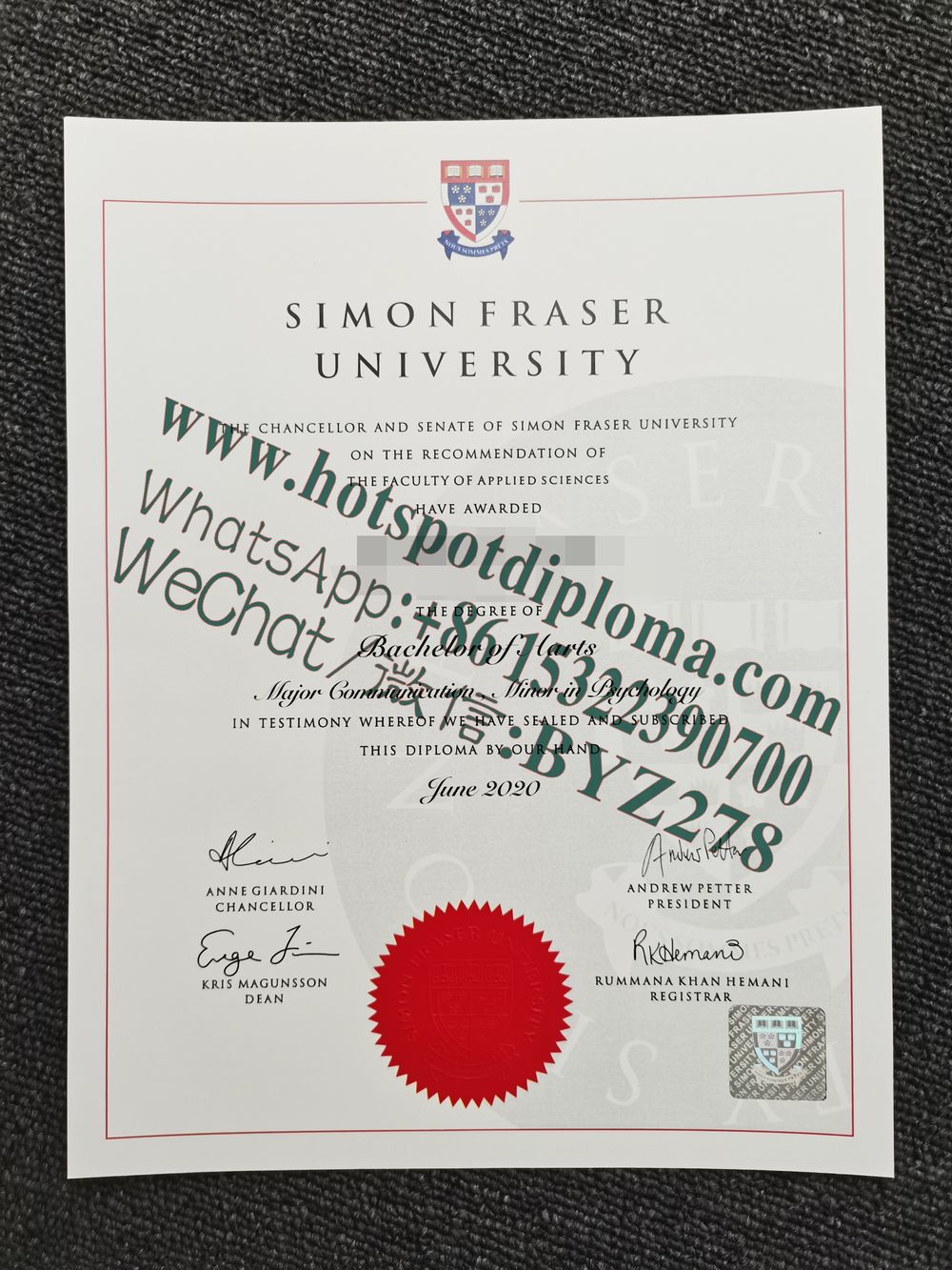 Fake Simon Fraser University Diploma certificate
