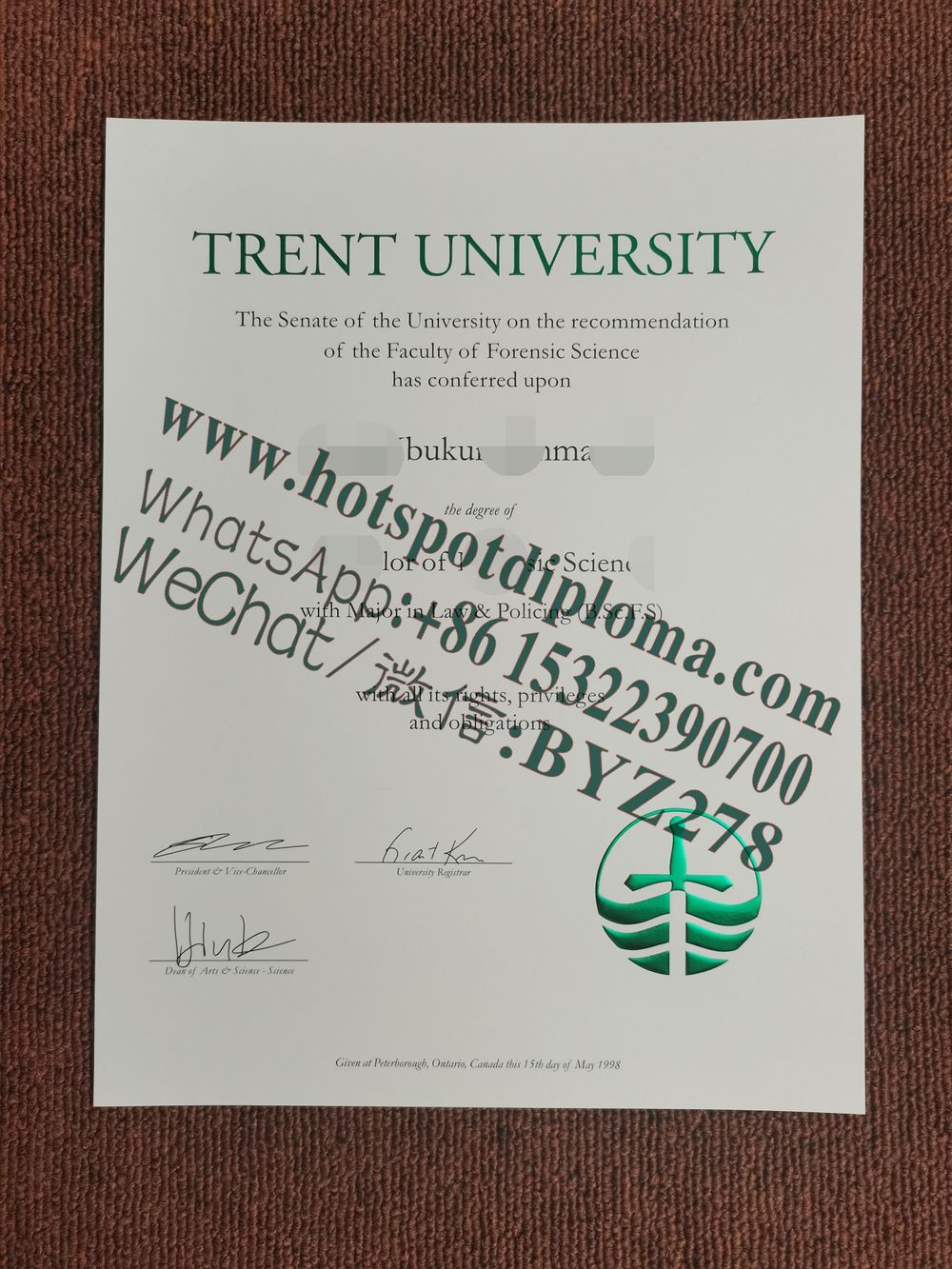 Fake Trent University Diploma certificate