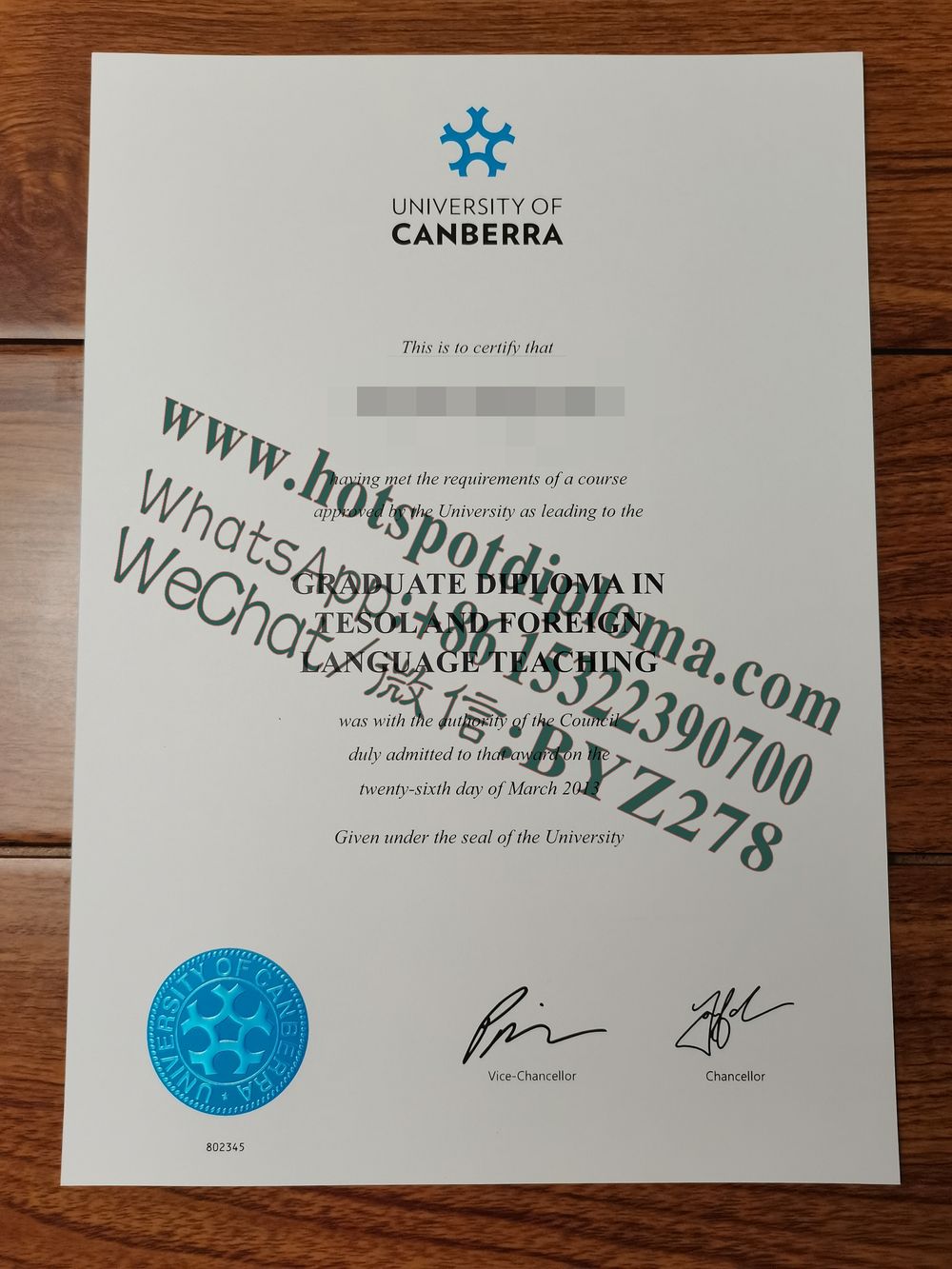 Fake University of Canberra Diploma