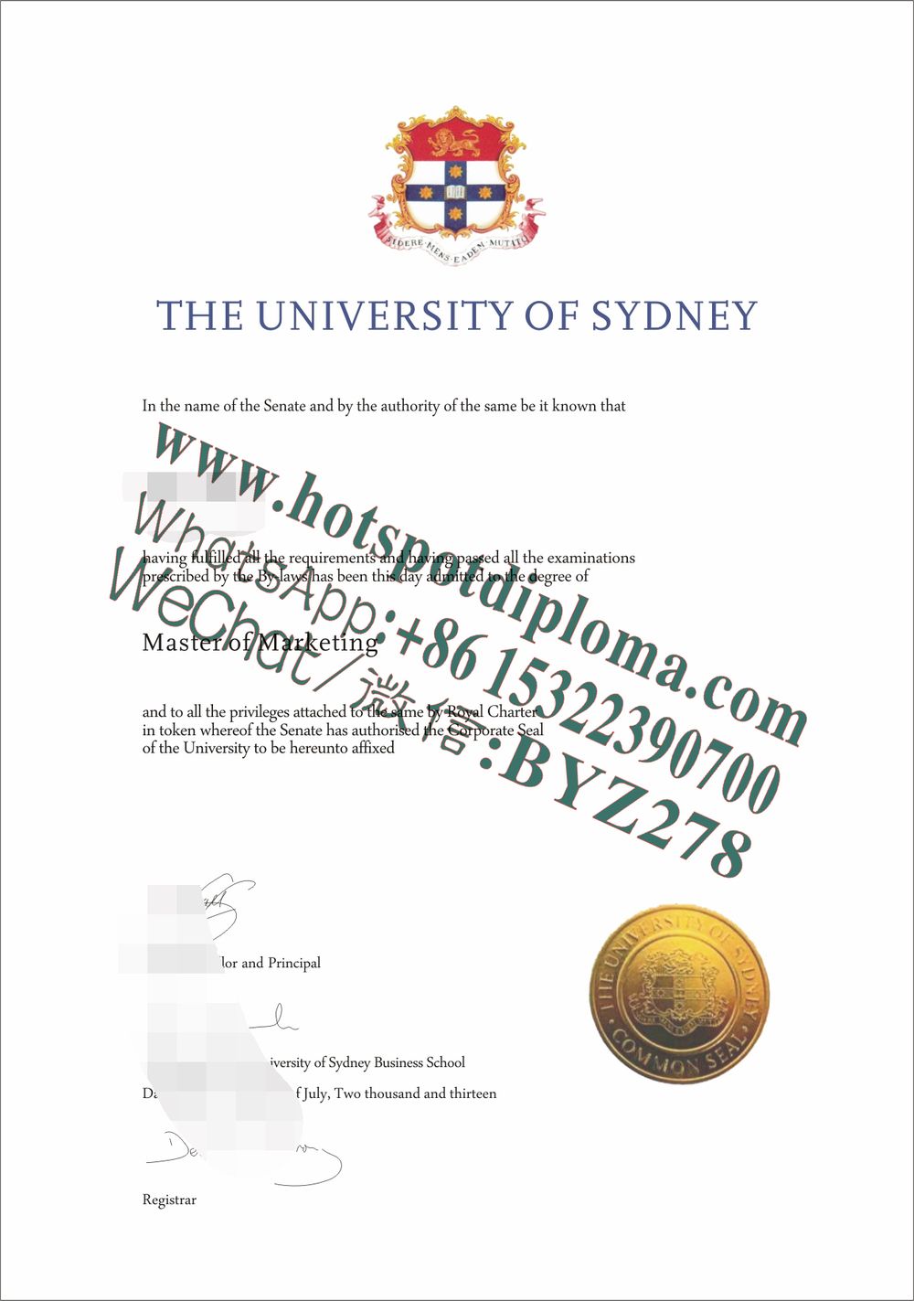Fake University of Sydney diploma