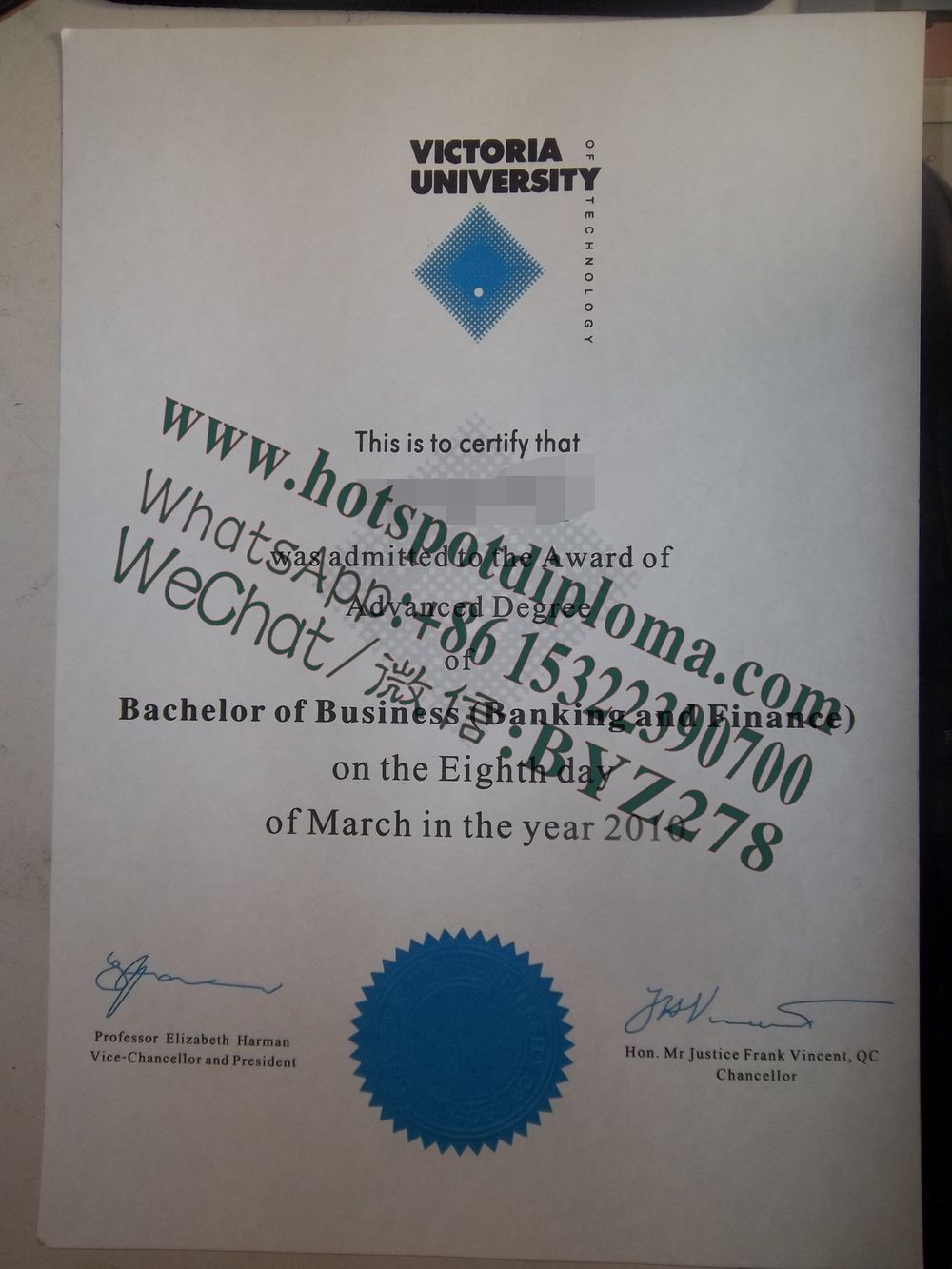 Fake University of Victoria diploma