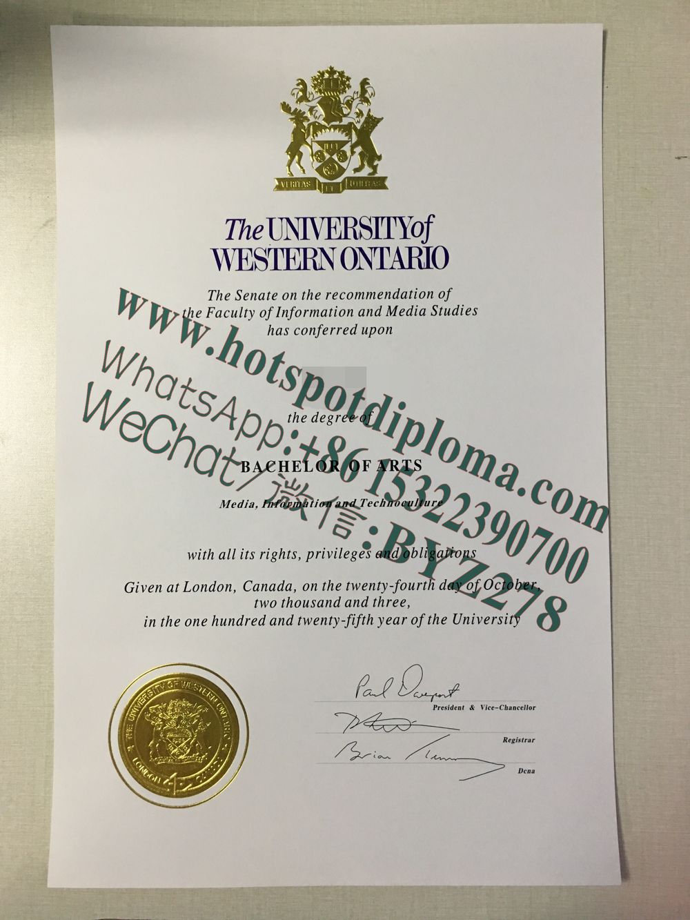 Fake University of Western Ontario Diploma certificate